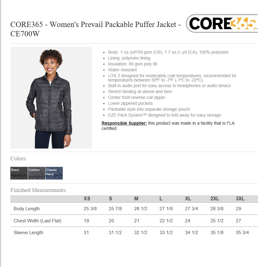 Core 365 Women's Packable Puffer Jacket with Marcone Logo