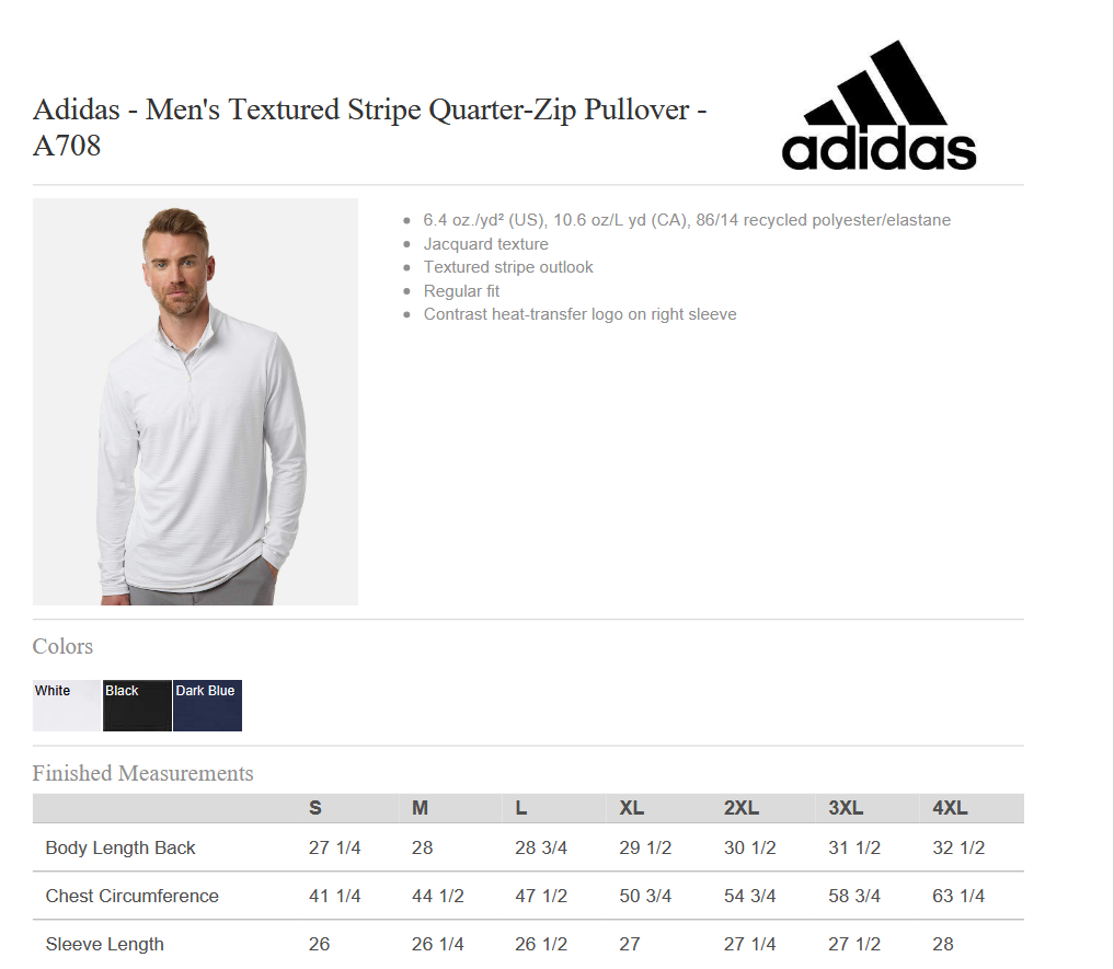 Adidas Men's Textured Stripe 1/4 Zip Pullover with Marcone Appliance Logo