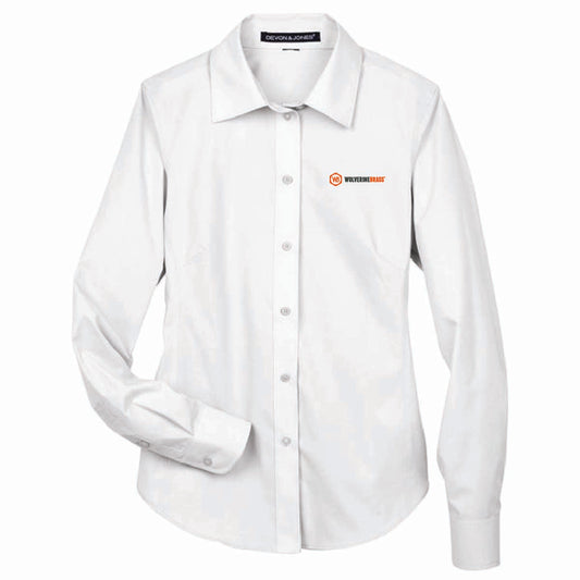 Devon & Jones Women's Broadcloth Woven Dress Shirt with Wolverine Brass Logo