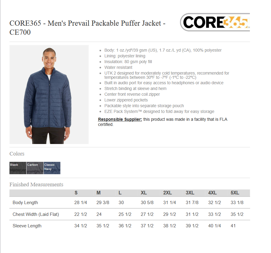 Core 365 Men's Packable Puffer Jacket with Marcone Logo