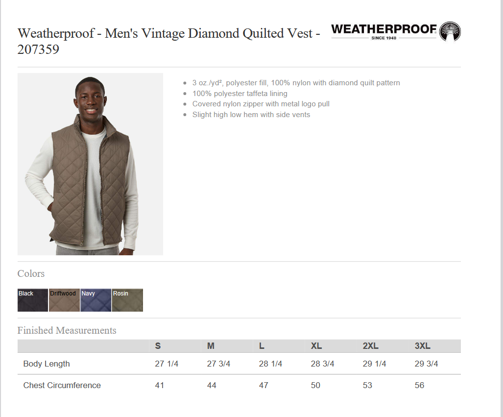 Weatherproof Men's Vintage Diamond Quilted Vest with Marcone Logo